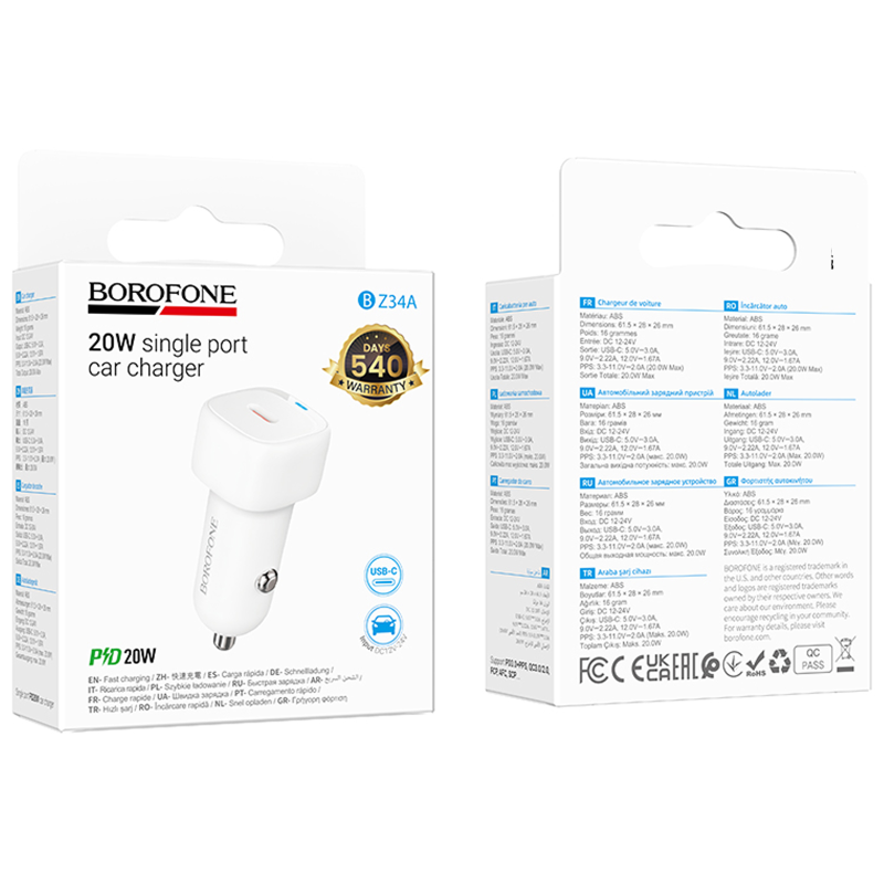 АЗП Borofone BZ34A Cloud PD20W (1USB-C), White 1, купити оптом з доставкою