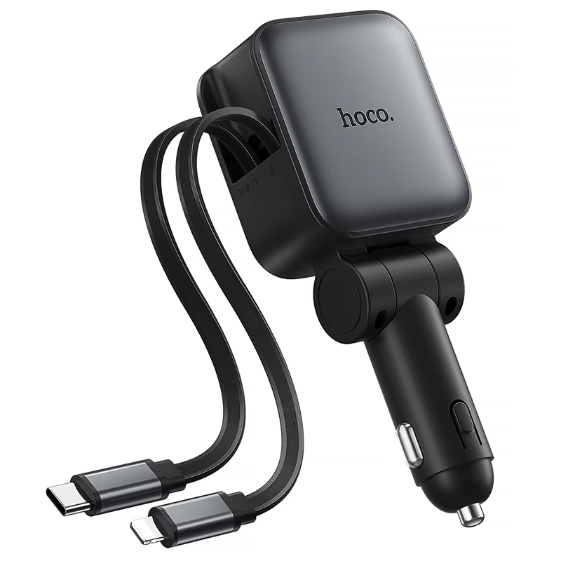 АЗП Hoco Z67A Triunfar PD45W+QC3.0 total 60W with retractable cables (1USB-A/2C/1L), Metal gray, купити оптом з доставкою