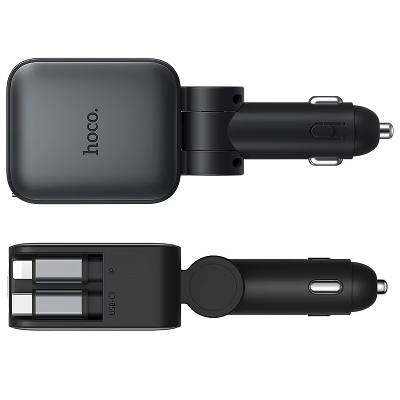 АЗП Hoco Z67A Triunfar PD45W+QC3.0 total 60W with retractable cables (1USB-A/2C/1L), Metal gray 1, купити оптом з доставкою