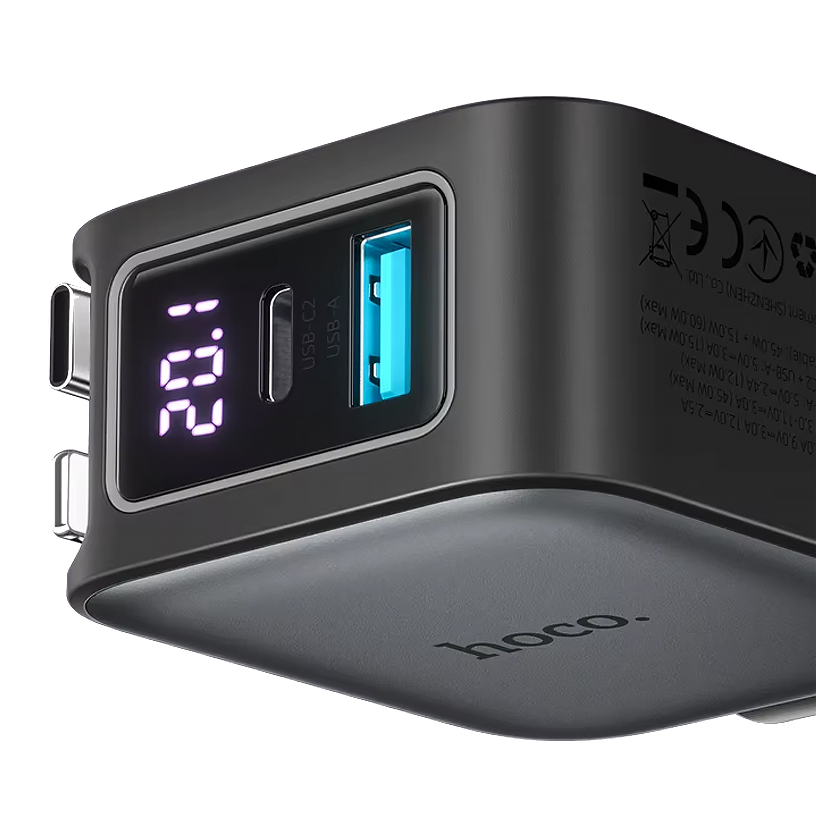 АЗП Hoco Z67A Triunfar PD45W+QC3.0 total 60W with retractable cables (1USB-A/2C/1L), Metal gray 2, купити оптом з доставкою