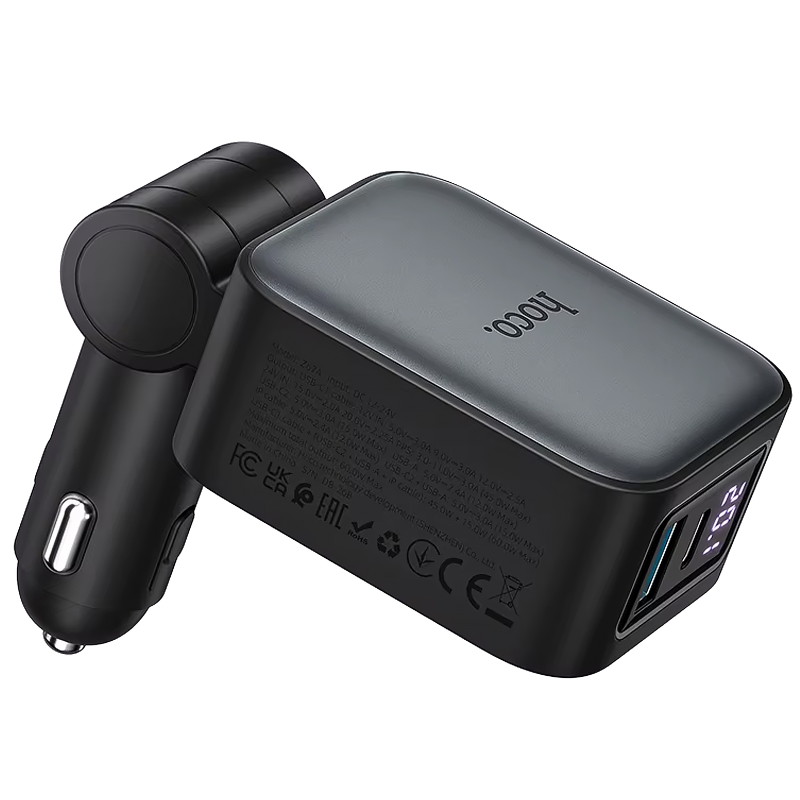 АЗП Hoco Z67A Triunfar PD45W+QC3.0 total 60W with retractable cables (1USB-A/2C/1L), Metal gray 3, купити оптом з доставкою
