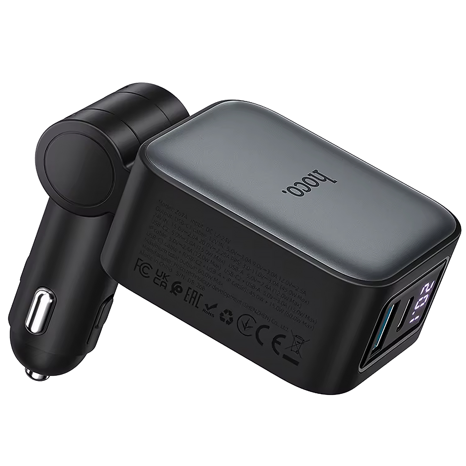АЗП Hoco Z67A Triunfar PD45W+QC3.0 total 60W with retractable cables (1USB-A/2C/1L), Metal gray 3, купити оптом з доставкою