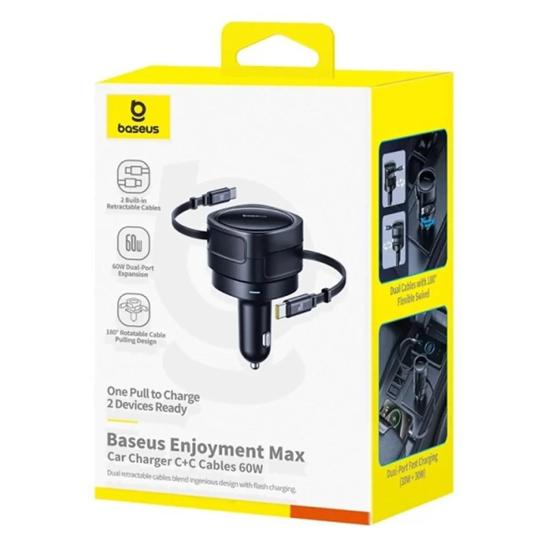 АЗУ Baseus Enjoyment Max PD60W with retractable cables (1USB-A/1C) (C00035507121), Cosmic Black 2, купить оптом с доставкой