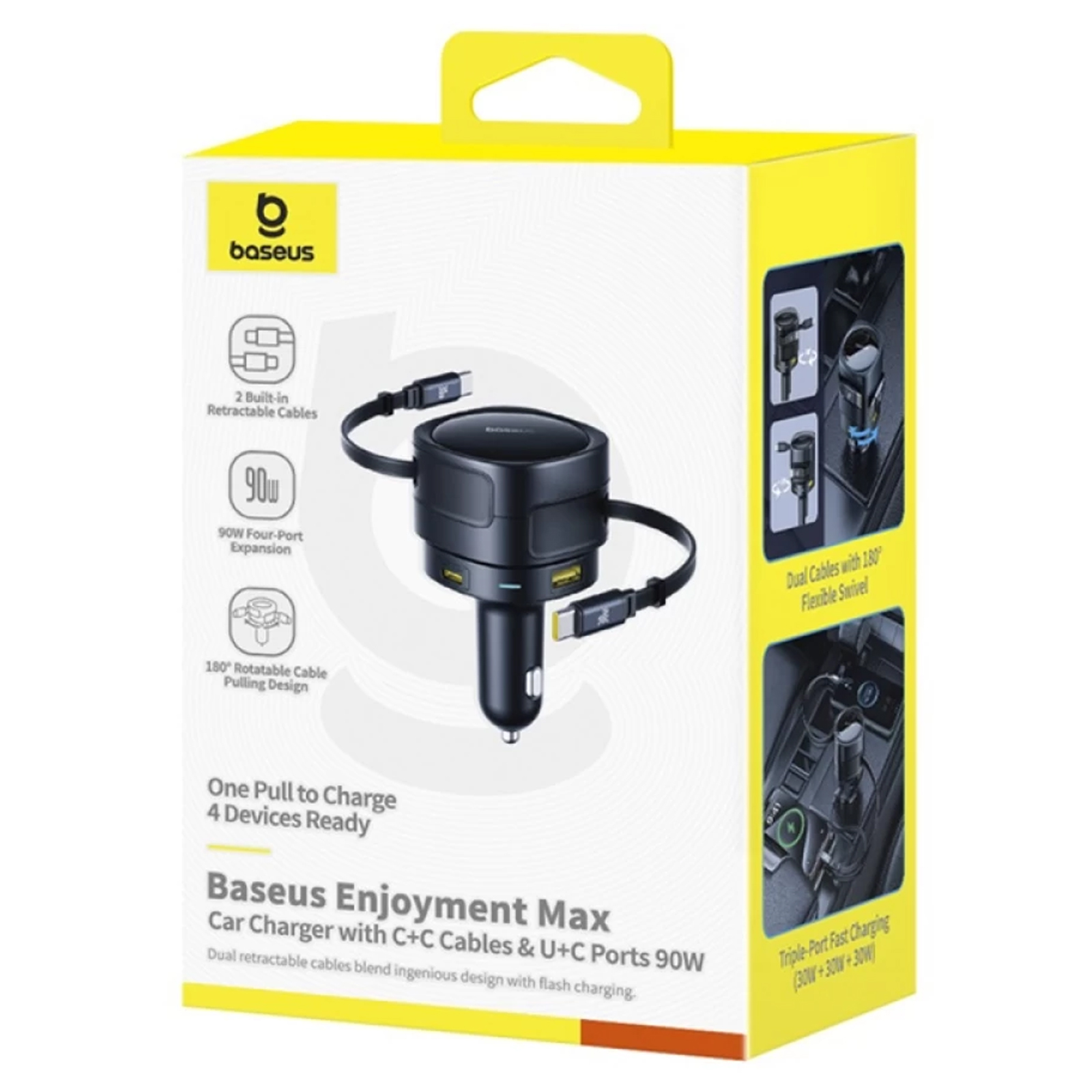 АЗП Baseus Enjoyment Max PD90W with retractable cables (1USB-A/3C) (C00035507121), Cosmic Black 2, купити оптом з доставкою