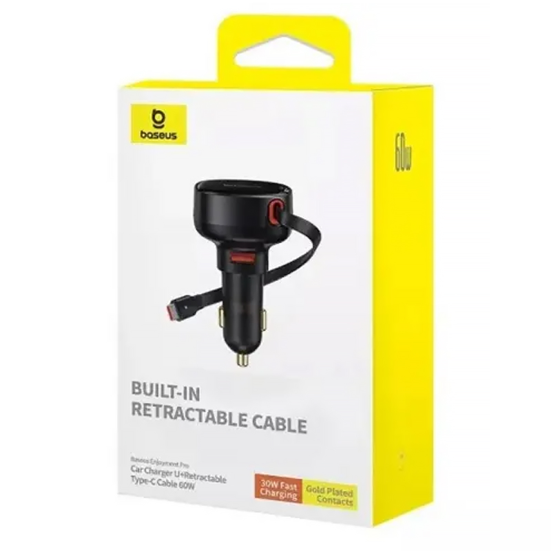 АЗП Baseus Enjoyment Pro PD60W with retractable cables (1USB-A/1C/1L) (C00057802111), Cluster Black 1, купити оптом з доставкою