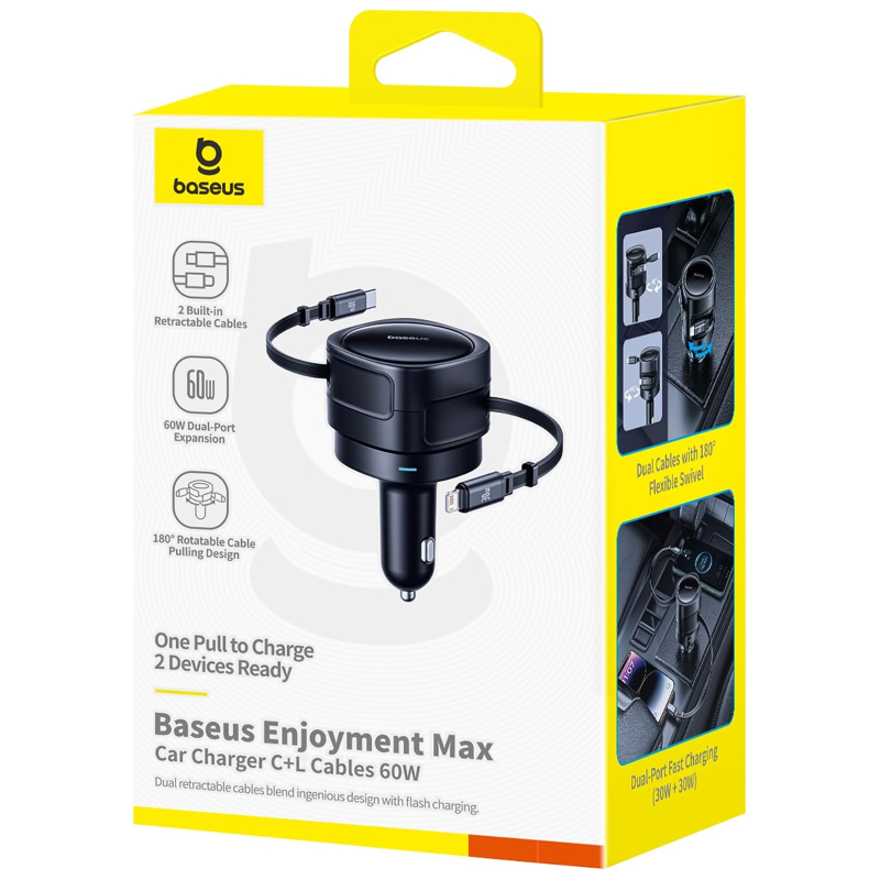 АЗУ Baseus Enjoyment Max PD60W with retractable cables (1USB-C/1L) (C00035507121) на картинке №4