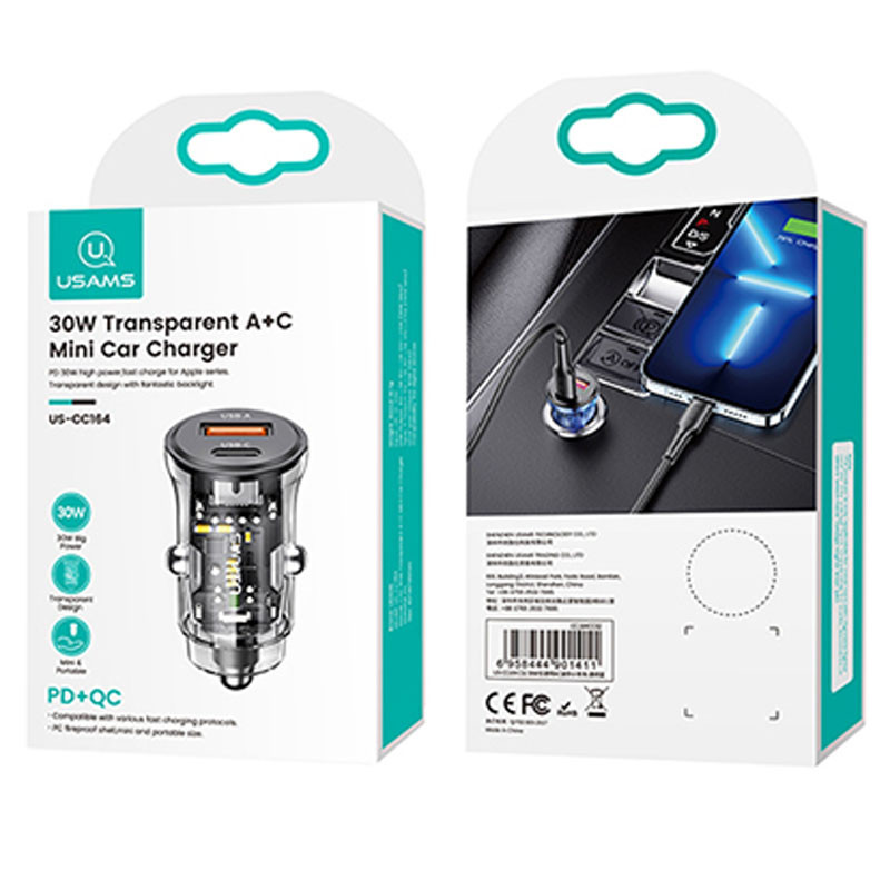 АЗП Usams US-CC164 C32 30W 2 Ports A+C Зображення №5 АЗП Usams US-CC164 C32 30W 2 Ports A+C дивитися фото №5