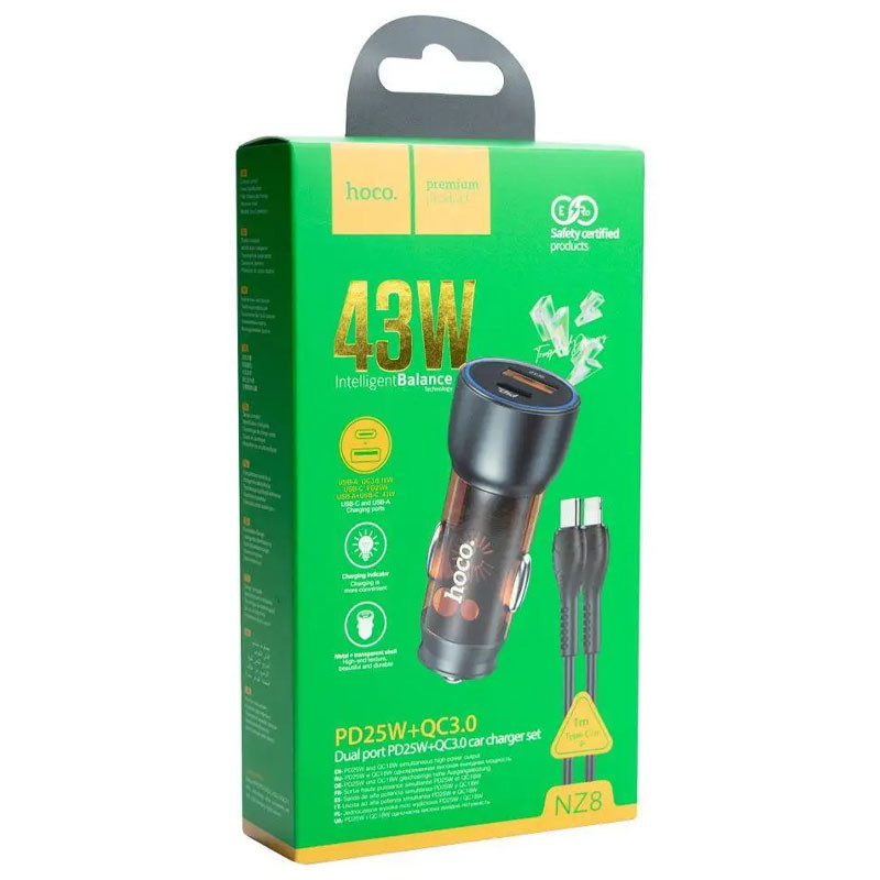 АЗП Hoco NZ8 Sprinter PD43W+QC3.0 (1USB-A/1C) + кабель Type-C to Lightning на малюнкі №4