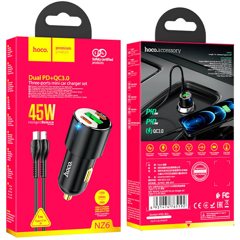АЗП Hoco NZ6 PD45W (2Type-C/1USB) + Type-C to Lightning дивитися фото №6