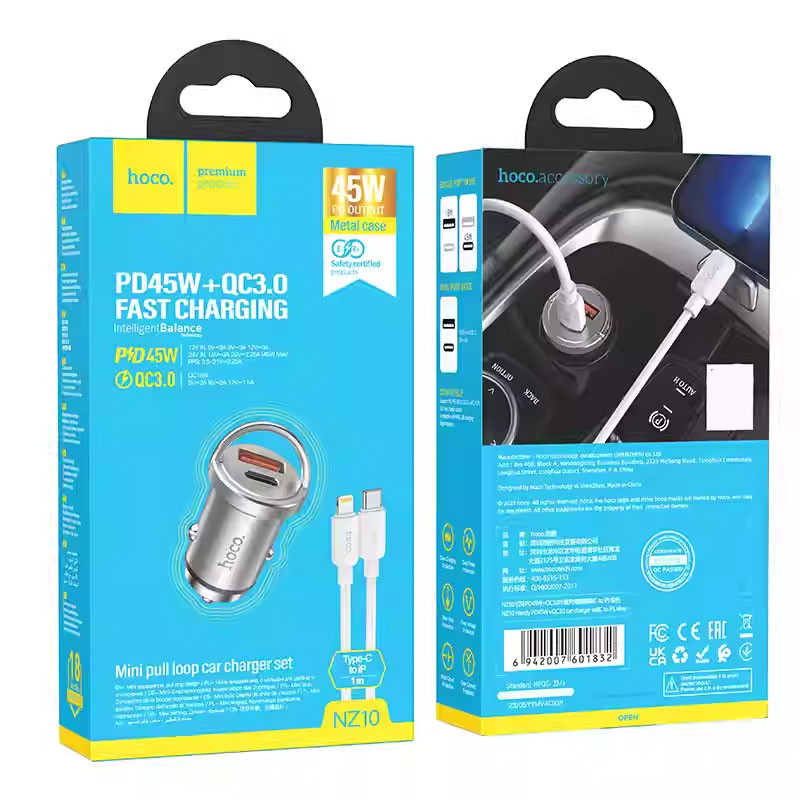 АЗП Hoco NZ10 Handy PD45W+QC3.0 (1USB-A/1C) + кабель Type-C to Lightning на малюнкі №3