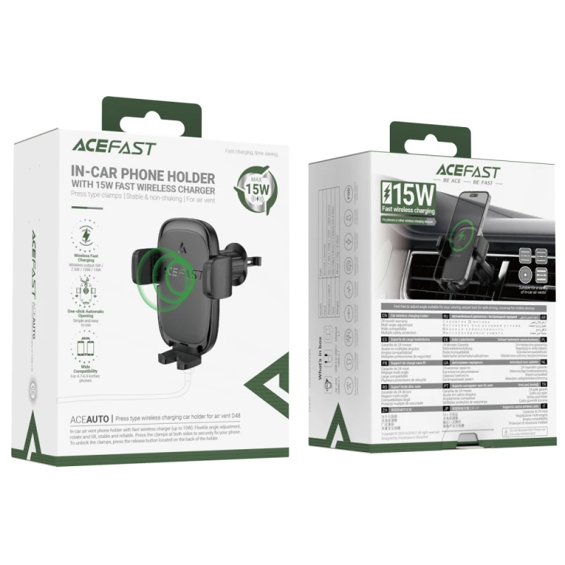 Автодержатель с БЗУ Acefast D48 Air Vent 15W, Black 4, купить оптом с доставкой