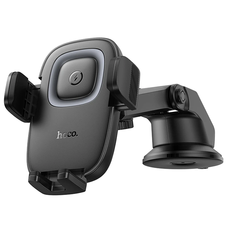Автодержатель с БЗУ Hoco HW32 Crown push-type (center console), Black / Metal gray 3, купить оптом с доставкой