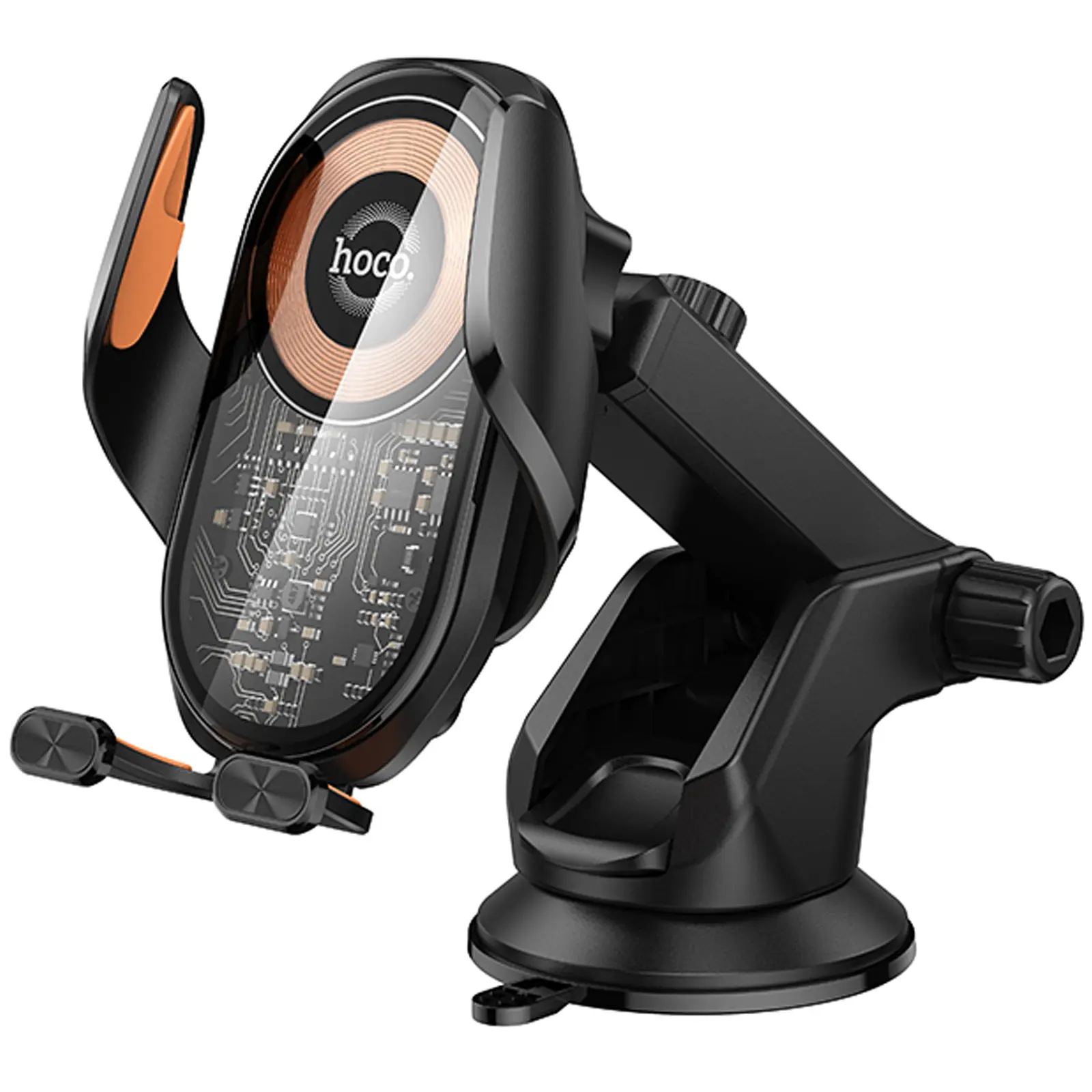 Автодержатель с БЗУ Hoco HW34 Blue whale 3-axis linkage wireless 15W (center console), Black, купить оптом с доставкой