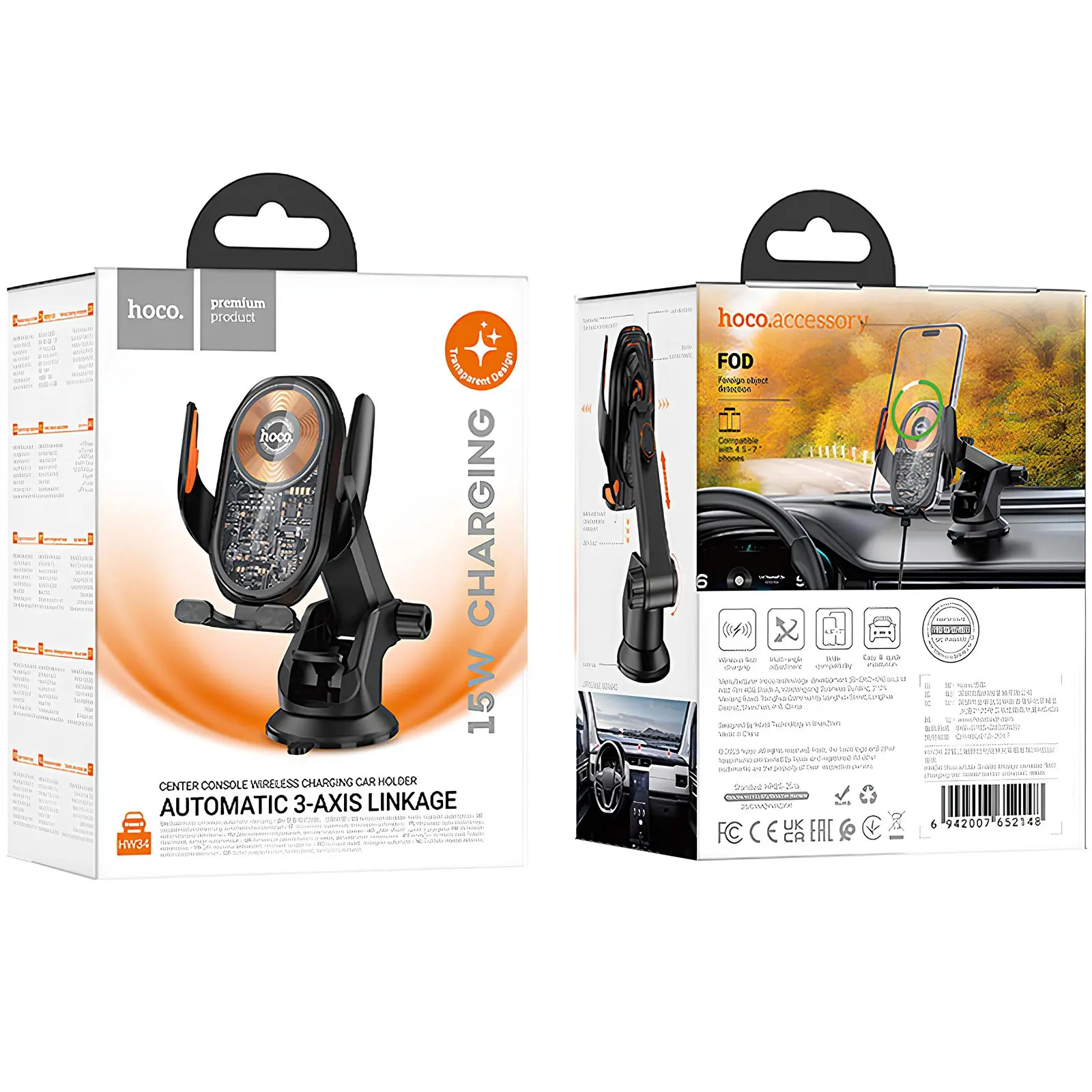 Автодержатель с БЗУ Hoco HW34 Blue whale 3-axis linkage wireless 15W (center console), Black 1, купить оптом с доставкой