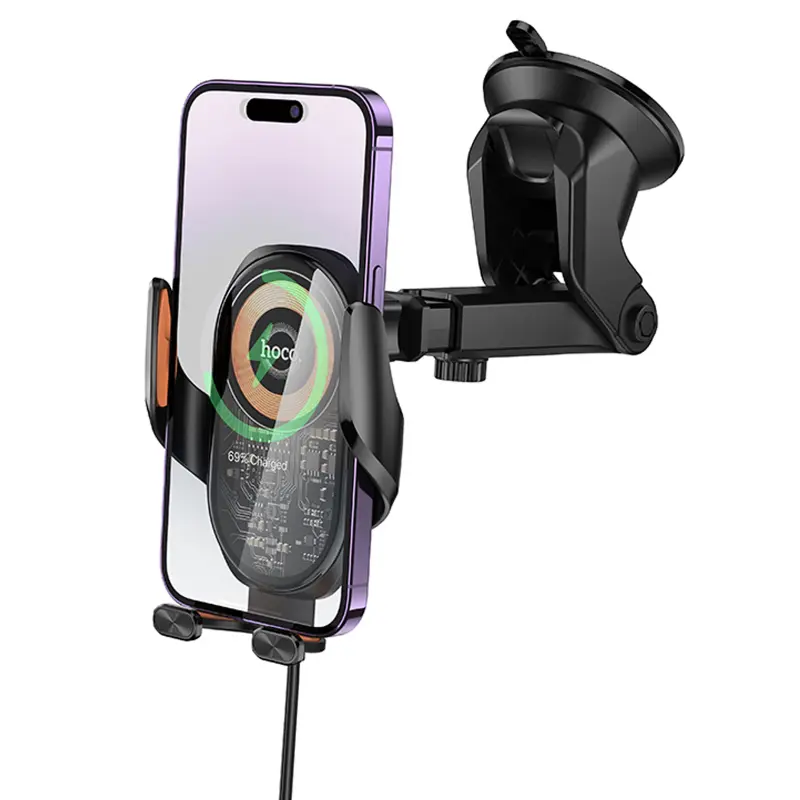 Автодержатель с БЗУ Hoco HW34 Blue whale 3-axis linkage wireless 15W (center console), Black 3, купить оптом с доставкой