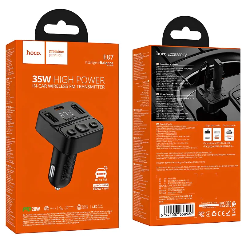 АЗП FM модулятор Hoco E87 Delta 35W (1USB-A/1C), Black 3, купити оптом з доставкою