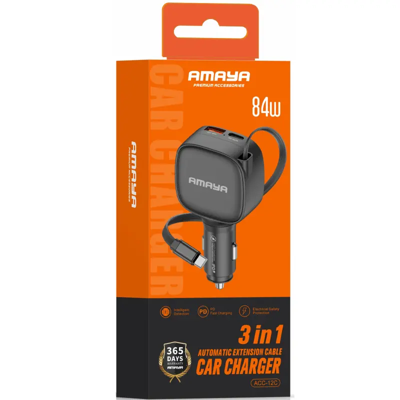 АЗУ Amaya ACC-12C PD57.5W+QC3.0 total 84W (1USB-A/1C) with retractable cable Type-C, Black 1, купить оптом с доставкой