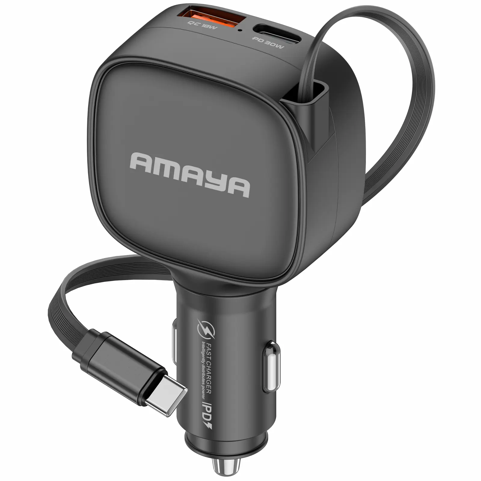 АЗУ Amaya ACC-12C PD57.5W+QC3.0 total 84W (1USB-A/1C) with retractable cable Type-C, Black, купить оптом с доставкой