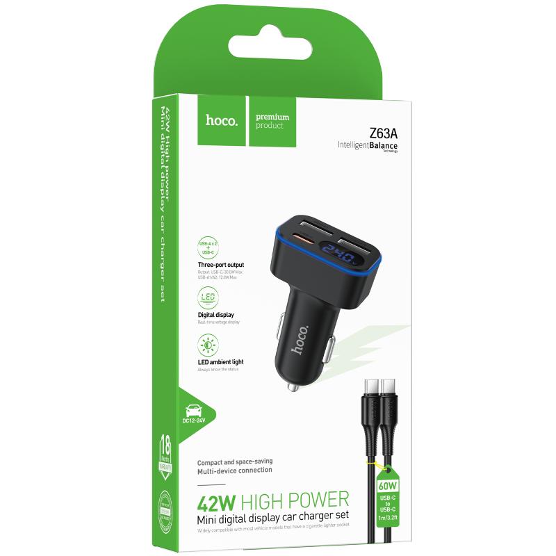 АЗУ Hoco Z63A Barry PD42W+QC3.0 (2USB-A/1C) + кабель Type-C to Type-C на картинке №2