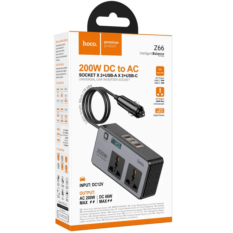АЗУ инвертор Hoco Z66 New PD66W+QC3.0 (2USB-A/1C/2xSocket) (0.5m), Black 1, купить оптом с доставкой