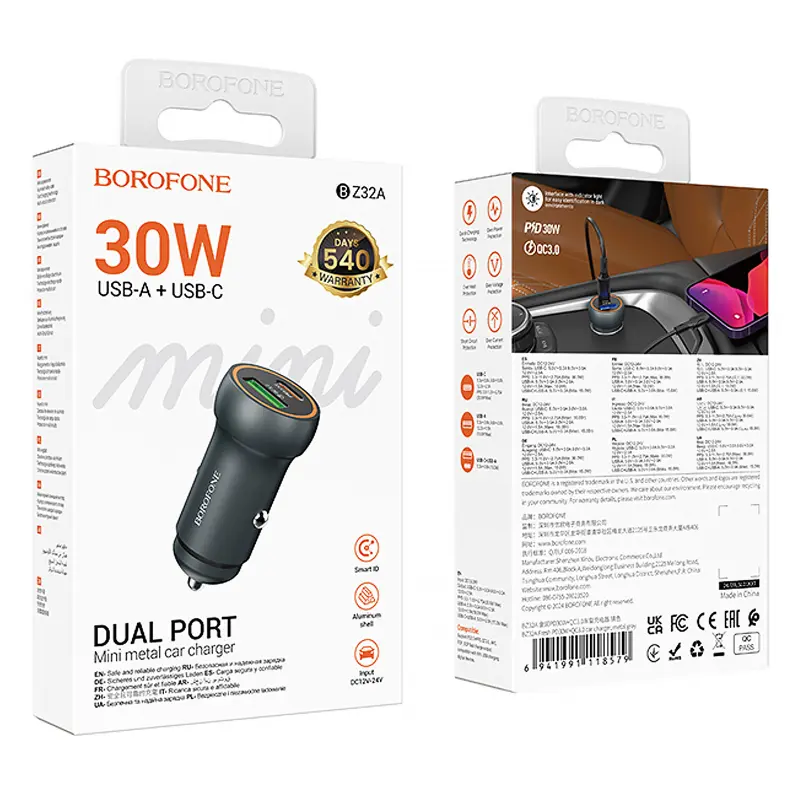 АЗП Borofone BZ32A Fresh PD30W+QC3.0 (1USB-A/1C), Metal gray 1, купити оптом з доставкою