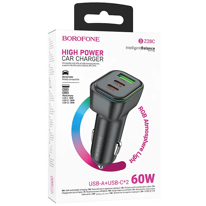 АЗУ Borofone BZ28C Trophie PD60W+QC3.0 (1USB-A/2C), Black 1, купить оптом с доставкой