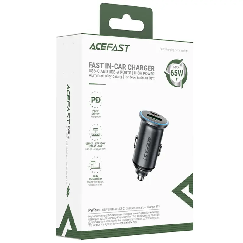 АЗУ Acefast B15 PD20W+QC3.0 total 65W (1USB-A/1C), Gray 1, купить оптом с доставкой