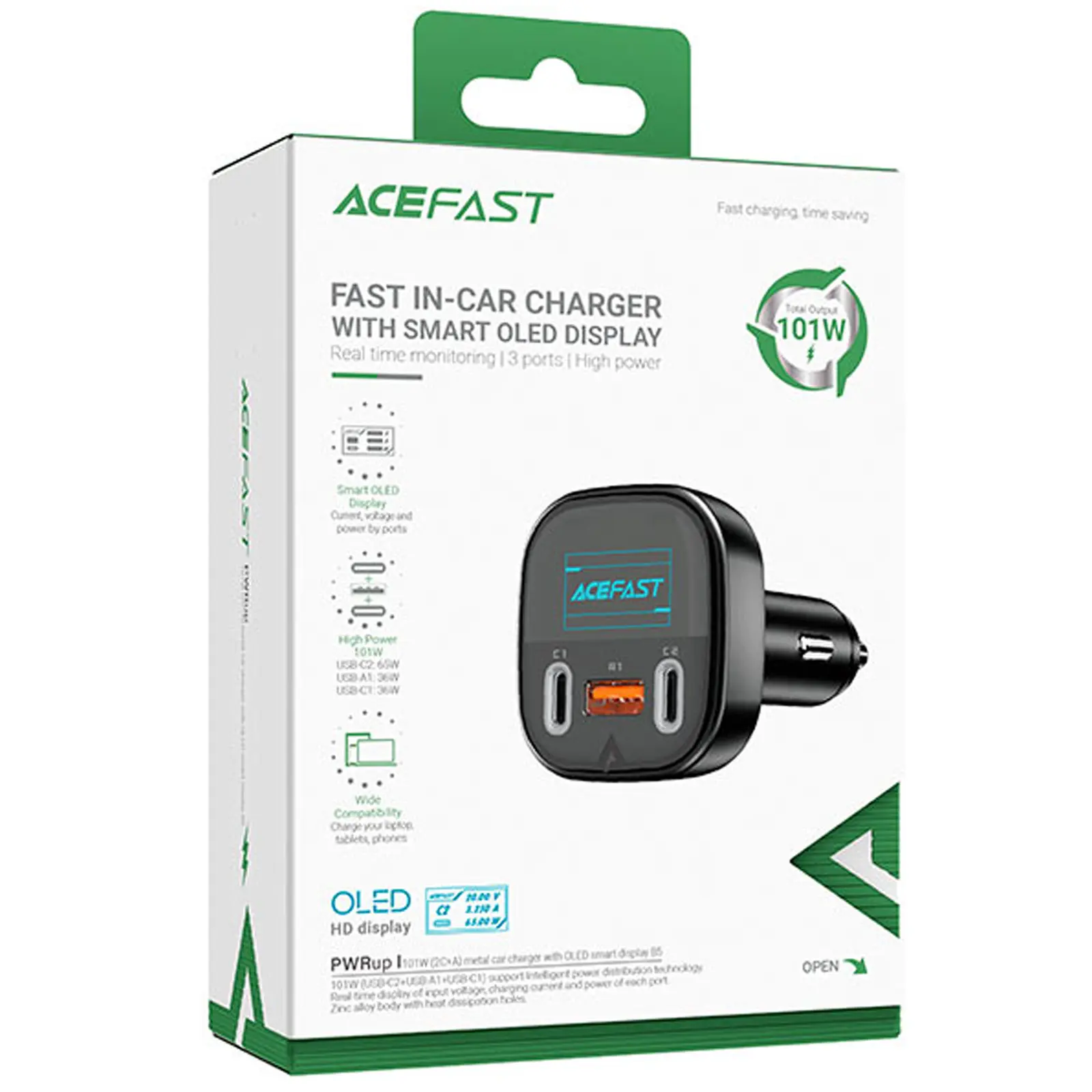 АЗУ Acefast B5 PD36W+QC4.0 total 101W (1USB-A/2C), Black 2, купить оптом с доставкой