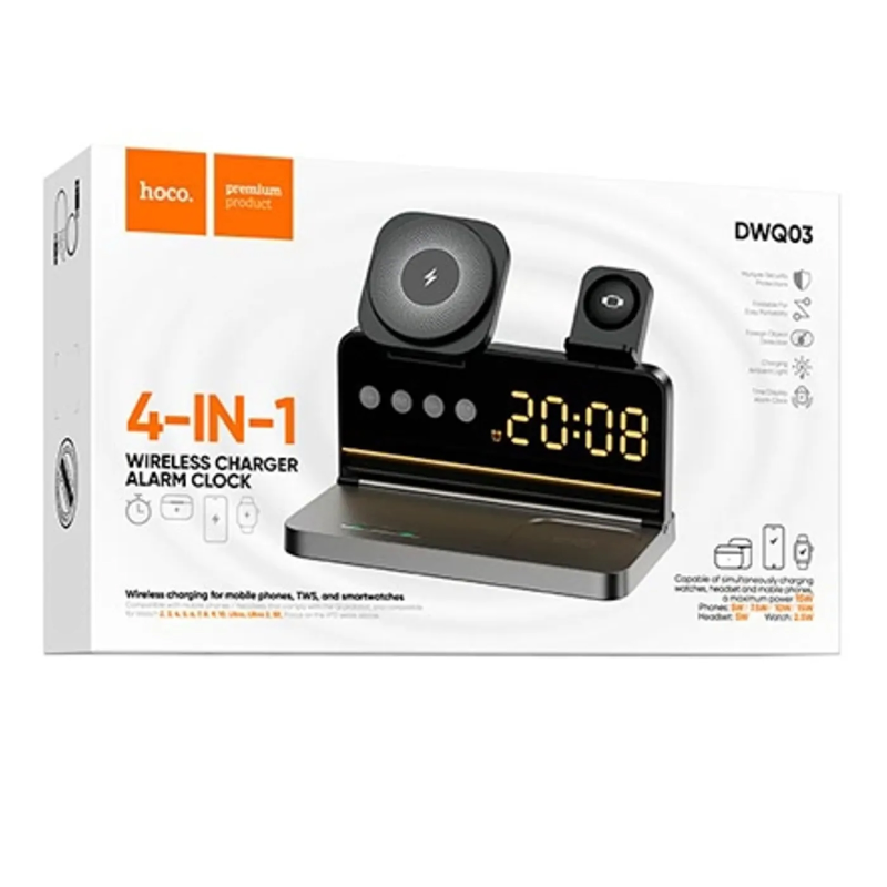 БЗУ Hoco DWQ03 North 4in1 with alarm clock, Black 1, купить оптом с доставкой
