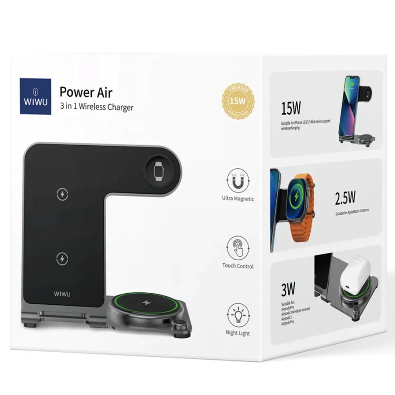 Уцінка БЗП WIWU Wi-W005 3 in 1 wireless charger, Відкрита упаковка / Black 4, купити оптом з доставкою