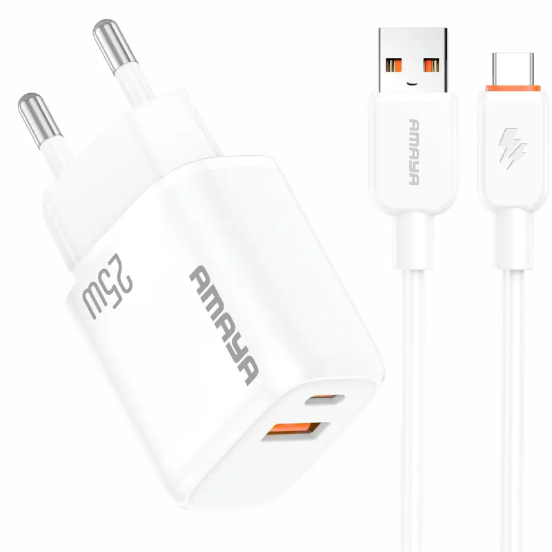 СЗУ Amaya E213D PD25W+QC3.0 (1USB-A/1C) + кабель USB to Type-C, White, купить оптом с доставкой