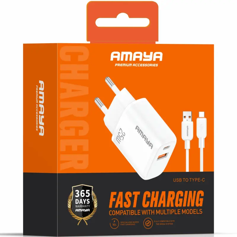 СЗУ Amaya E213D PD25W+QC3.0 (1USB-A/1C) + кабель USB to Type-C, White 1, купить оптом с доставкой