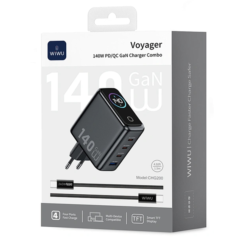 СЗУ WIWU CHG200 Voyager PD140W+QC3.0 (1USB-A/3C) + кабель Type-C to Type-C, Grey 2, купить оптом с доставкой