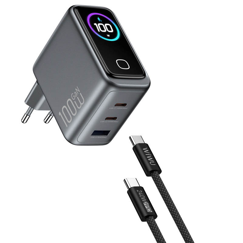 СЗУ WIWU CHG300 Voyager PD100W+QC3.0 (1USB-A/2C) + кабель Type-C to Type-C, Grey 2, купить оптом с доставкой