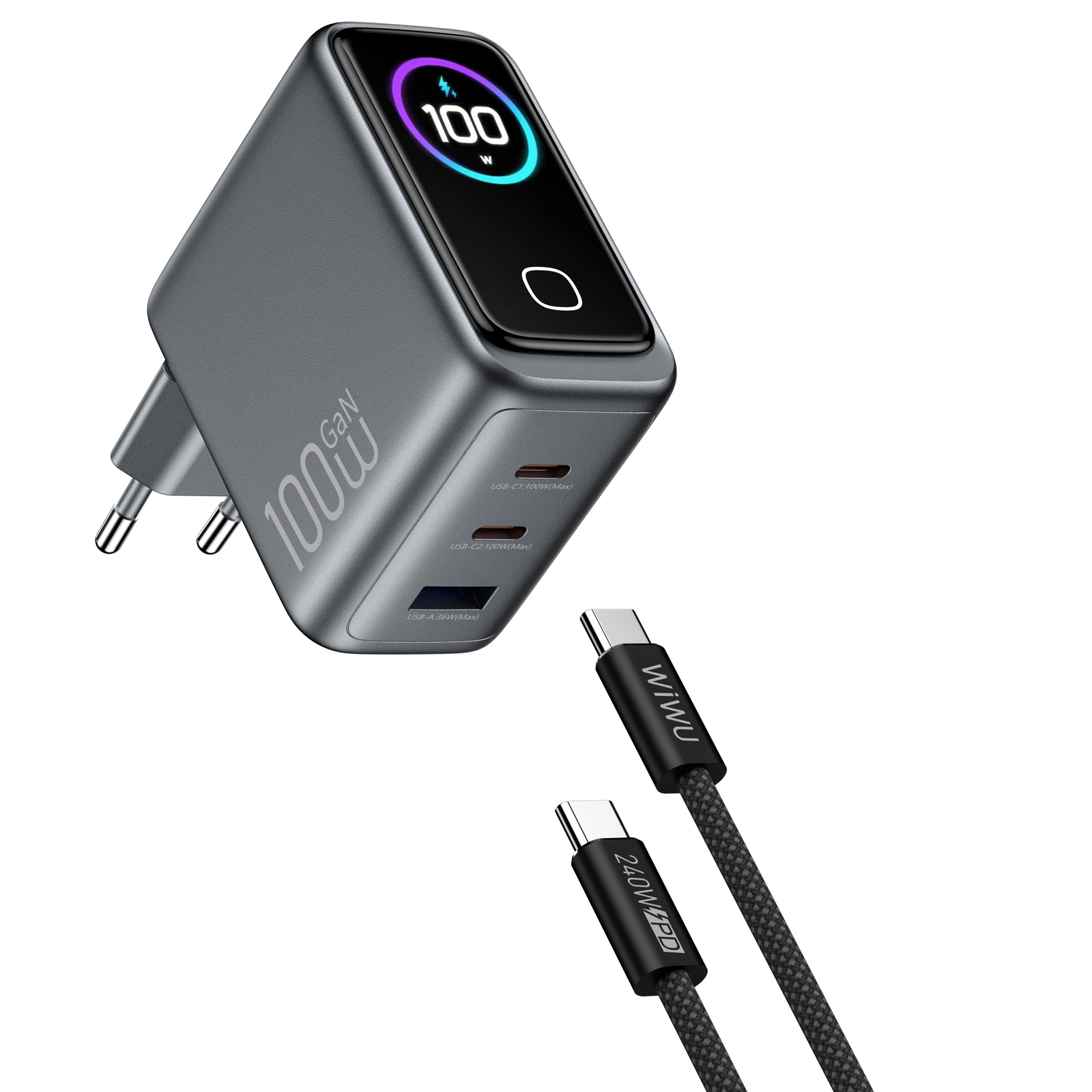 СЗУ WIWU CHG300 Voyager PD100W+QC3.0 (1USB-A/2C) + кабель Type-C to Type-C, Grey 2, купить оптом с доставкой