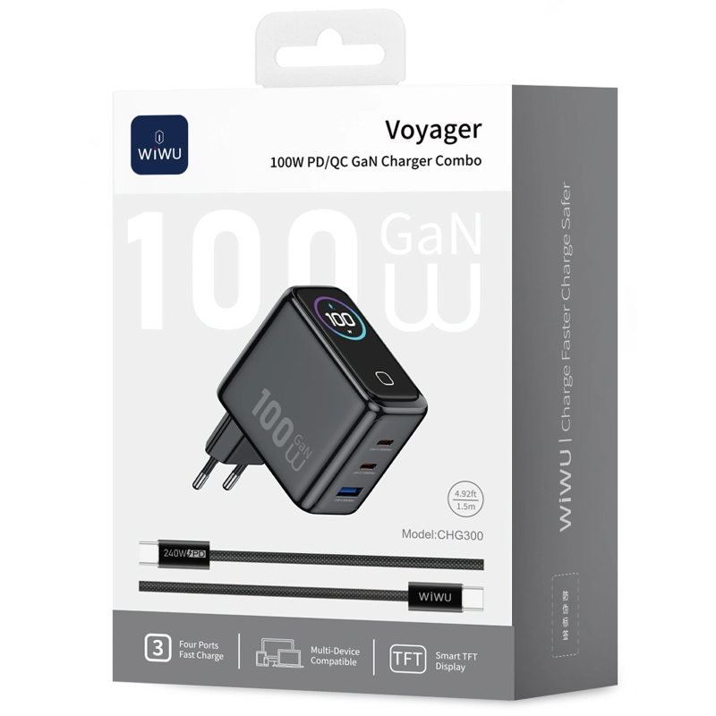 СЗУ WIWU CHG300 Voyager PD100W+QC3.0 (1USB-A/2C) + кабель Type-C to Type-C, Grey 3, купить оптом с доставкой