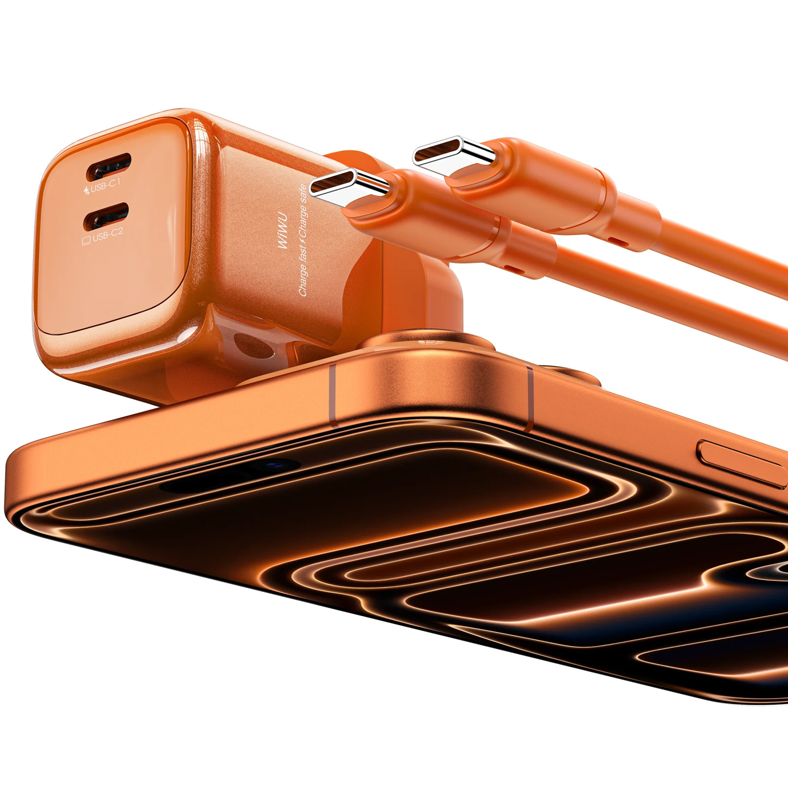 МЗП WIWU G025 Cube PD45W (2USB-C) + кабель Type-C to Type-C, Orange 2, купити оптом з доставкою