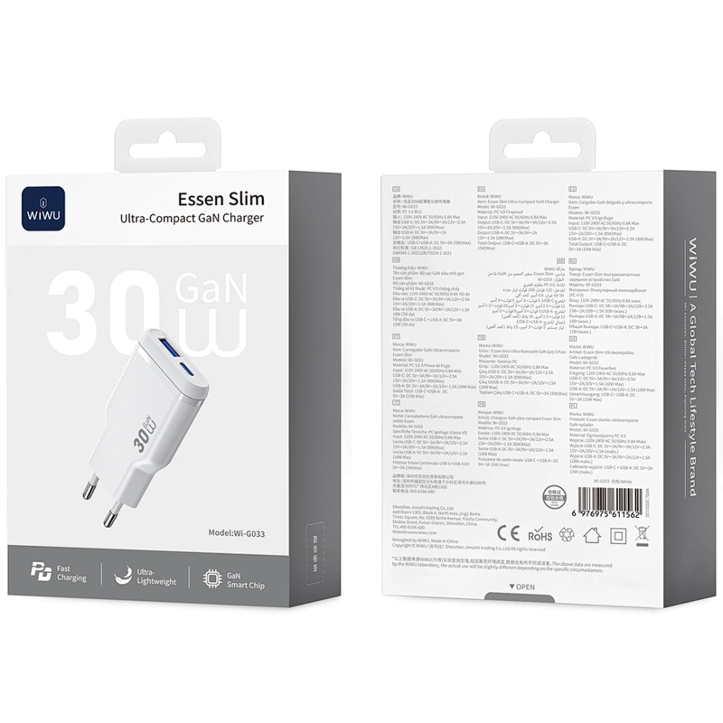 СЗУ WIWU G033 Essen PD30W+QC3.0 GaN (1USB-A/1C), White 4, купить оптом с доставкой