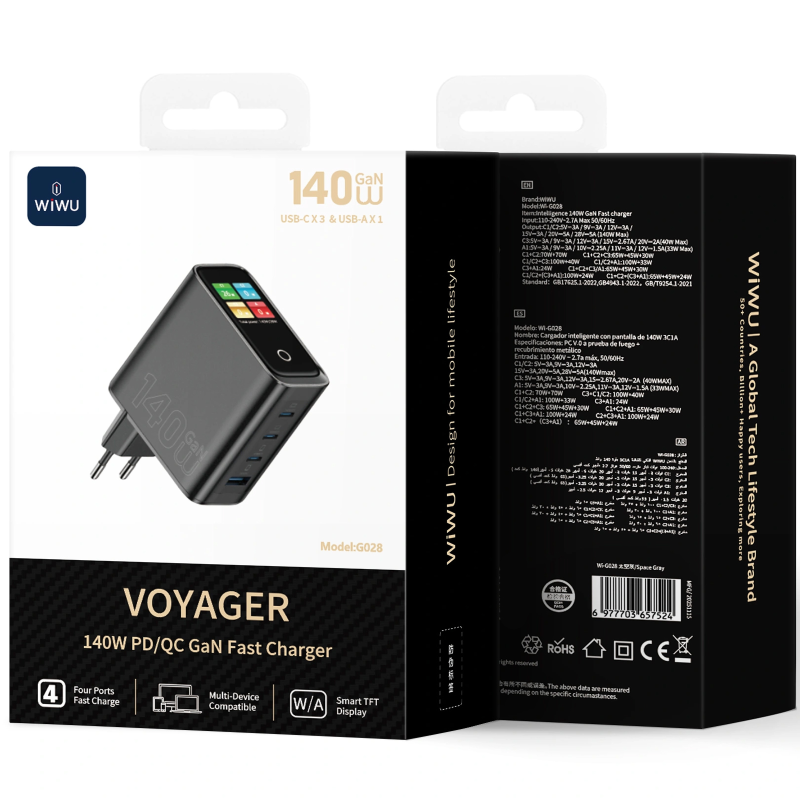 СЗУ WIWU G028 Intelligent PD140W+QC3.0 GaN (1USB-A/3C), Black 2, купить оптом с доставкой