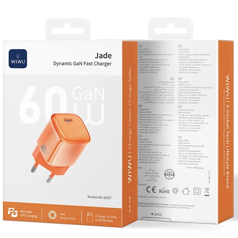 СЗУ WIWU G037 Jelly PD60W GaN (1USB-C), Orange 2, купить оптом с доставкой