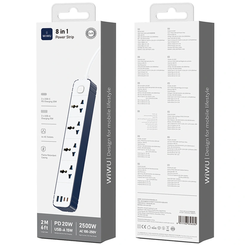 Удлинитель WIWU S007 Power Strip PD20W (2USB-A/2C/4xSocket) (2m), White 3, купить оптом с доставкой