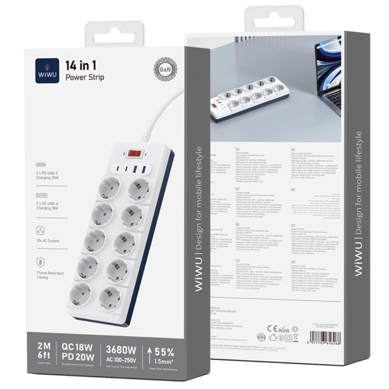 Удлинитель WIWU S008 Power Strip PD20W (2USB-A/2C/10xSocket) (2m), White 3, купить оптом с доставкой