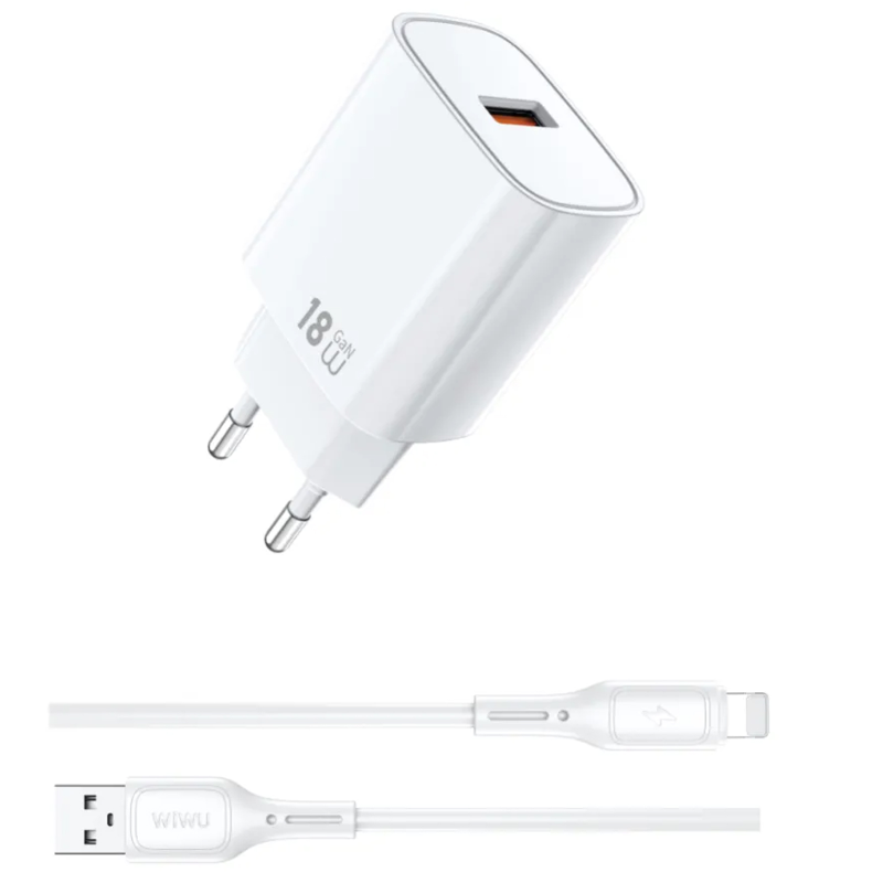 СЗУ WIWU G006 Essen QC3.0 18W GaN (1USB-A) + кабель USB to Lightning, купить оптом с доставкой