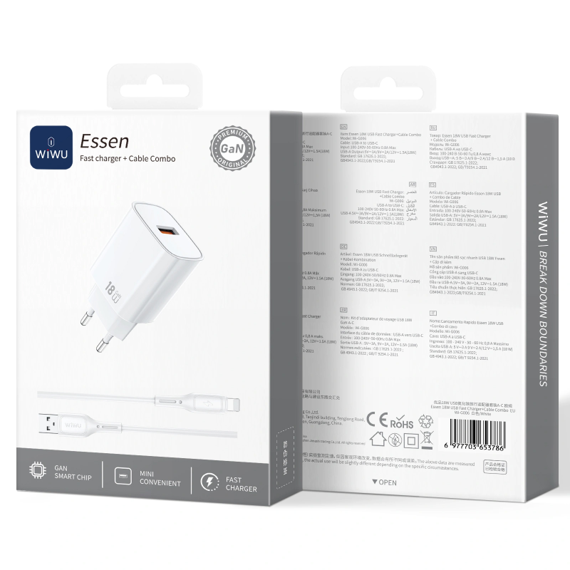 СЗУ WIWU G006 Essen QC3.0 18W GaN (1USB-A) + кабель USB to Lightning, White 1, купить оптом с доставкой