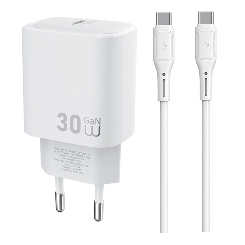 СЗУ WIWU G008 Essen PD30W GaN (1USB-C) + кабель Type-C to Type-C, купить оптом с доставкой
