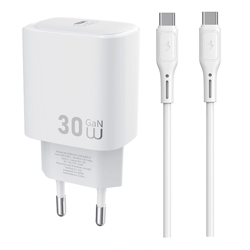 СЗУ WIWU G008 Essen PD30W GaN (1USB-C) + кабель Type-C to Type-C на картинке №1