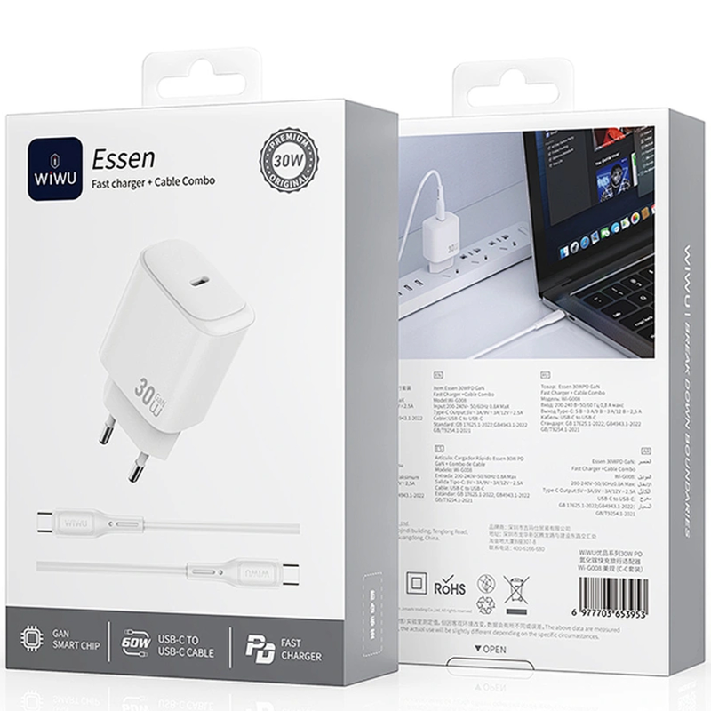 СЗУ WIWU G008 Essen PD30W GaN (1USB-C) + кабель Type-C to Type-C, White 1, купить оптом с доставкой
