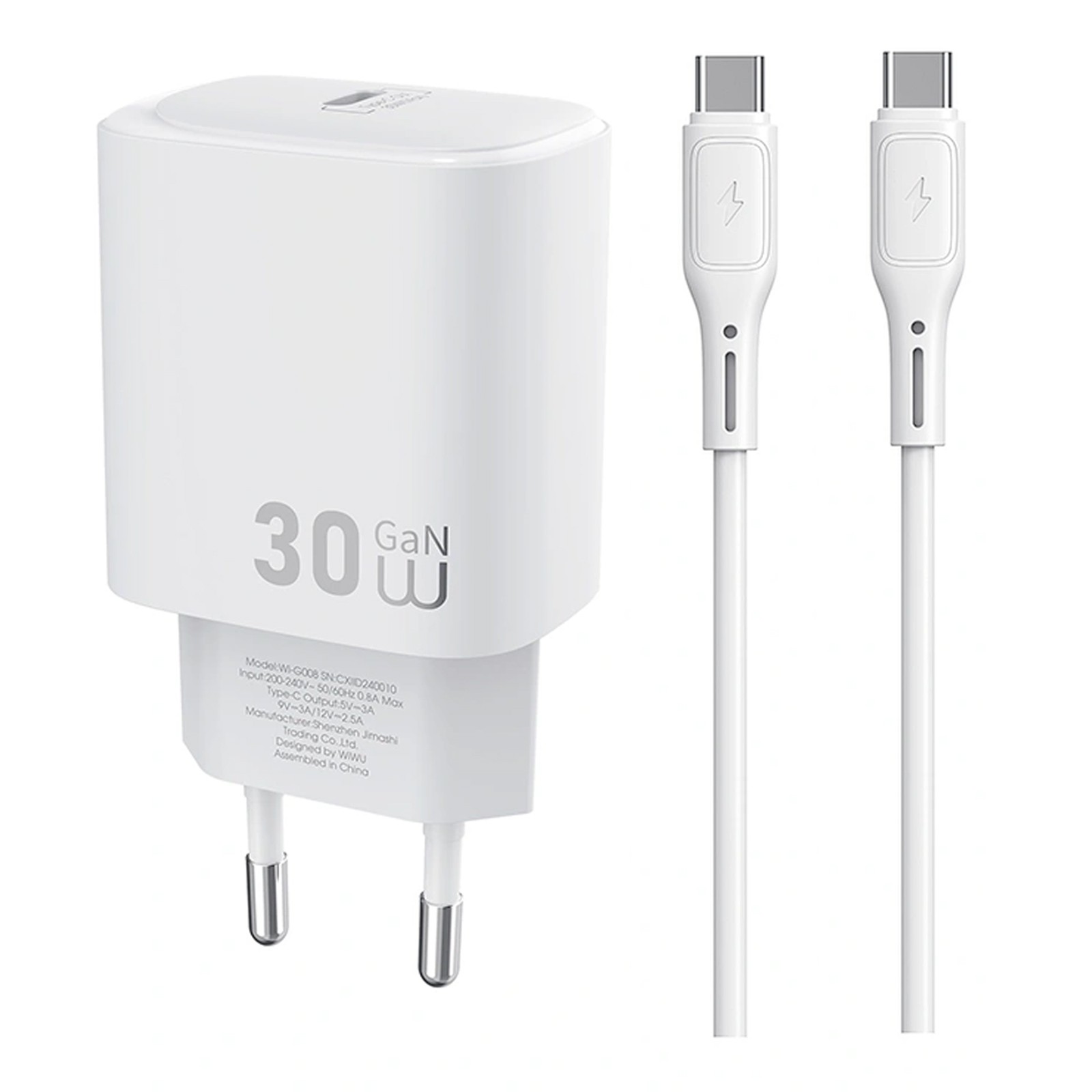 СЗУ WIWU G008 Essen PD30W GaN (1USB-C) + кабель Type-C to Type-C, White, купить оптом с доставкой