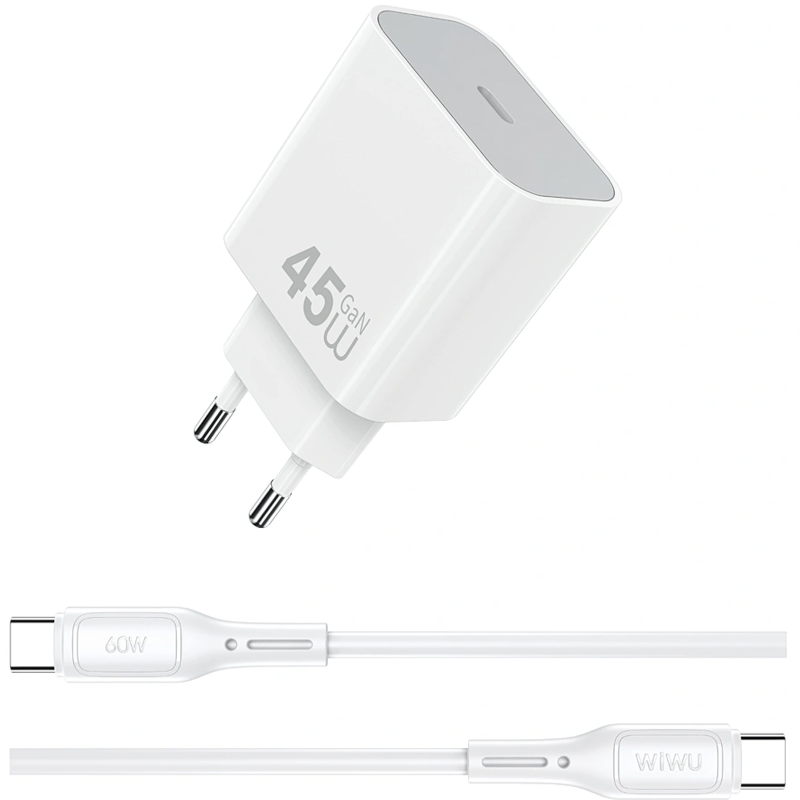 СЗУ WIWU G024 Essen PD45W GaN (1USB-C) + кабель Type-C to Type-C, White, купить оптом с доставкой