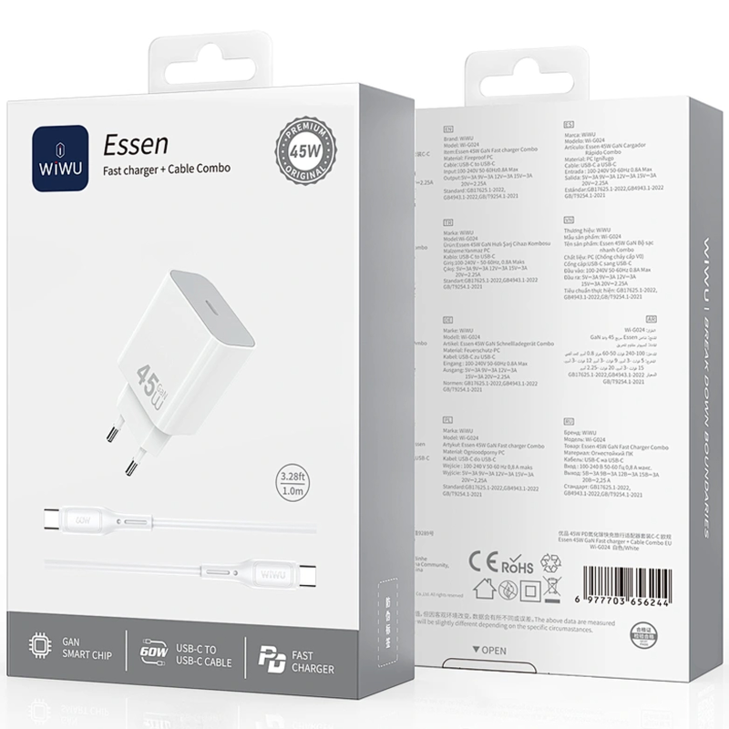 СЗУ WIWU G024 Essen PD45W GaN (1USB-C) + кабель Type-C to Type-C, White 1, купить оптом с доставкой